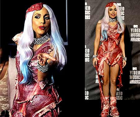 Lady Gaga and the dress made of raw meat hide that she wore at the MTV Video Music Awards (AP Photo/Chris Pizzello).