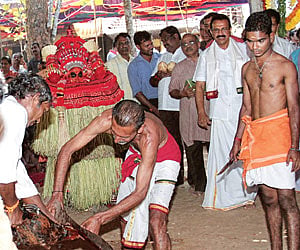 Gowda watches a cock sacrifice during the Bhoota Kola at his family house