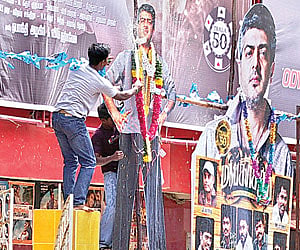 STAR-STRUCK: Fans exult ahead of the first screening of Ajith-starrer ‘Mankatha’ at the Rocky Theatre in Ambattur on Wednesday