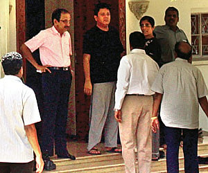 WHAT’S UP? DMK chief M Karunanidhi’s son M K Tamilarasu (second from left) and Kalanidhi Maran at the residence of former minister Dayanidhi Maran
