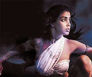Genelia D’Souza in a period dress on the sets of the period fi lm Urumi evokes the paintings of Raja Ravi Varma, Santhosh Sivan’s visual inspiration