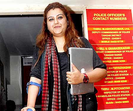 Sona returns from Asst. Com. of Police T. Nagar claiming that she handed over the evidence against SPB Charan - Express photo by P Jawahar.