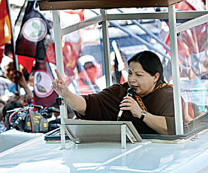 AIADMK chief J Jayalalithaa addressing the public in Mylapore during her election campaign on Sunday.