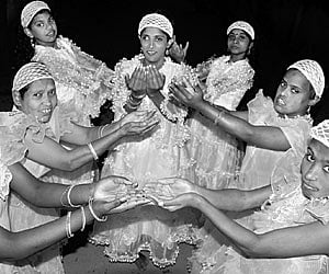 Students of Bala Vihar performing a dance routine during the annual day celebration in the city on Tuesday.