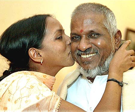 Music maestro Ilayaraja being kissed by singer daughter Bhavatharini (Pic: ENS).