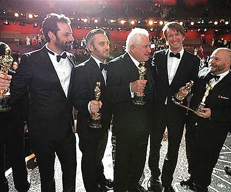 From left, Emile Sherman, Iain Canning, David Seidler, Tom Hooper and Gareth Unwin with their 'The King's Speech' awards (AP Photo/Chris Carlson).