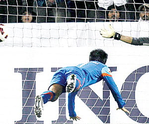 Sunil Chhetri scores India’s second goal against Bahrain on Friday