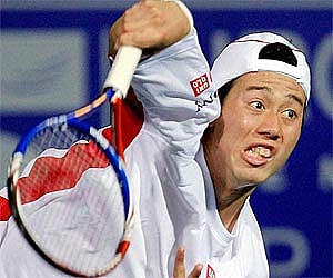 Japan's Kei Nishikori in action against Croatia's Marin Cilic during the first-round of Chennai Open on Monday. PTI