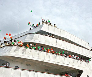 Union Minister for Shipping G K Vasan (right) flagging off the ferry service to Colombo at VOC Port in Thoothukudi.