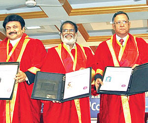 NEW DOCTORS: Actor Prabhu, Gangai Amaran and scientist S Sundaresh show off their honorary doctorates as Sathyabhama Chancellor Jeppiar looks on.