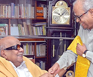 Dadasaheb Phalke Award winner and cine director K Balachander calls on Chief Minister M Karunanidhi at his Gopalapuram residence | Express