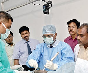 Pathology Dept HoD of Govt Hospital Dr Govardhan demonstrates at the new Orthopaedic Cadaveric Skills Lab after its inauguration yesterday | P Jawahar