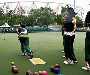 Members of the Indian lawn bowls team during a practice session.