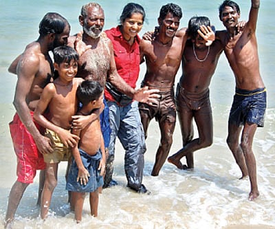 Clockwise from above: Part of the Sengadal film crew on the beach, Sri Lankan Tamil writer Shobasakthi and director Leena Manimekalai