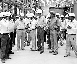 Atomic Energy Commission chairman Sreekumar Banerjee (third from the left) speaking with the officials of Tummalapalle Uranium plant.