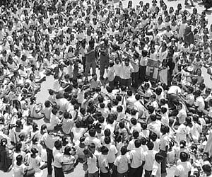 Students led by SFI staging a rasta roko at the TTD administrative building in Tirupati on Tuesday.