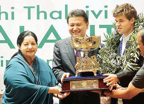 Jaya honours world champion Carlsen with Rs 9.9 crore cash award, gold medal