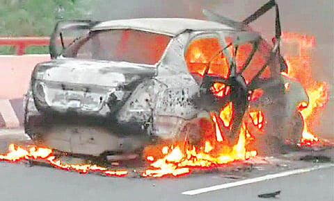One dead as car catches fire on flyover 
