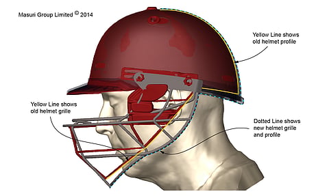 In this CG image provided by Masuri Group Ltd and issued on Tuesday Nov. 25, 2014 shows a cricket helmet with old and new profiles. In light of the death of Australian batsman Phillip Hughes, are cricket helmets affording the right level of protection to 