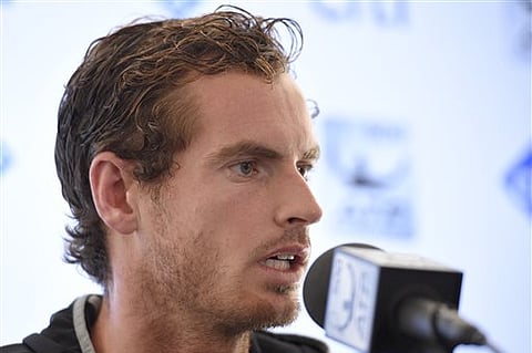 FILE - Andy Murray, of Britain, speaks at a press conference at the Citi Open tennis tournament, Monday, Aug. 3, 2015, in Washington. 