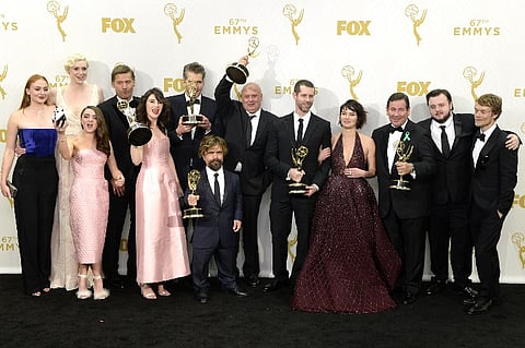 Actors Sophie Turner, Gwendoline Christie, Maisie Williams, Nikolaj Coster-Waldau, Carice van Houten, writer David Benioff, actor Peter Dinklage, Conleth Hill, writer D. B. Weiss, Lena Headey, director David Nutter and actors John Bradley-West and Alfie A