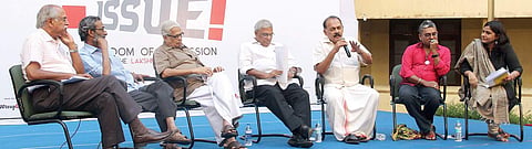 Ex-MP Sebastian Paul speaking at the open forum of ‘ISSUE Freedom of Expression’ at Government Model Engineering College,Thrikkakara, on Sunday | Melton Antony