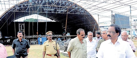 Cultural Affairs Minister A K Balan reviewing the preparations being made for the  State Film Awards ceremony, in Palakkad on Wednesday