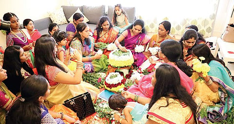 Nizamabad MP and and Telangana Jagruthi founder Kalvakuntla Kavitha  participating in Bathukamma festival in London  on Saturday| Express photo