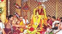 Priests performing pooja to the goddess Kanaka Durga on the first day of Dasara festival at Kanaka Durga temple atop Indrakeeladri hill in Vijayawada on Saturday.