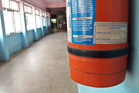 Royapettah government hospital has outdated fire extinguishers near the RMO room. (Ashwin Prasath | EPS)