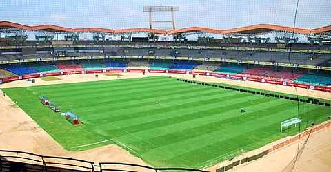 The playing surface at Jawaharlal Nehru  International Stadium for the first time sports a pattern of dark and light shades of green  K Shijith
