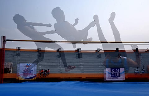 A multiple exposure shot of a high jump event at the 32nd National Junior Athletic Championships in Nehru Stadium, Coimbatore.(EPS | A Raja Chidambaram)