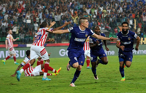 Chennaiyin FC Forward Davide Succi celebrates after scoring a goal against Atletico De Kolkata during the Indian Super League ISL football match at Jawaharlal Nehru Stadium. | PTI