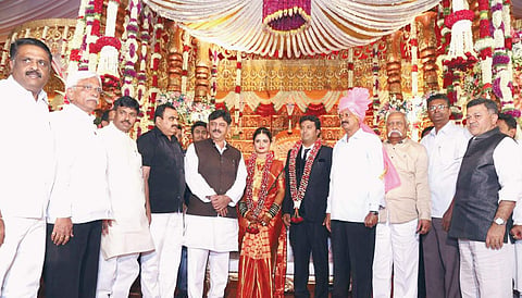 Energy Minister D K Shivakumar at Belagavi District In-charge Minister Ramesh Jarkiholi’s son’s wedding in Gokak on Monday