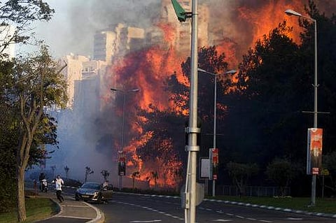 People run as wildfires rages in Haifa, Israel on November 24. (Photo | AP)