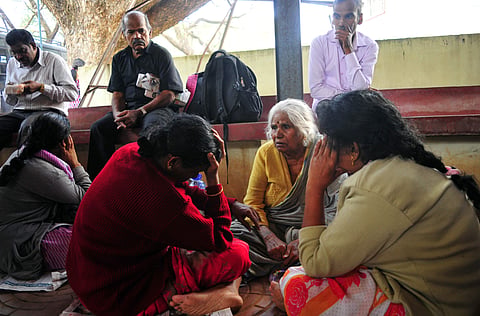 The relatives of Maoist leader Kuppu Devarajan, including his mother Ammini, brother Babu and sisters, waiting in front of the Kozhikode Medical College Hospital mortuary on Saturday