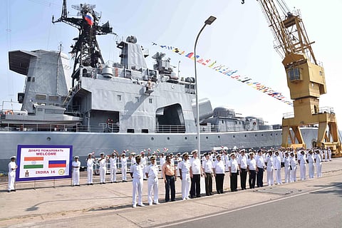 Personnel from Eastern Fleet welcoming RFN Ship Admiral Tributs upon arrival in Visakhapatnam on Wednesday | express photo