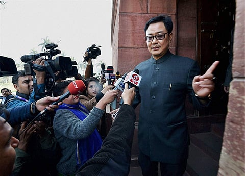 MoS for Home Kiren Rijiju at Parliament House during the winter session in New Delhi on Thursday. | PTI