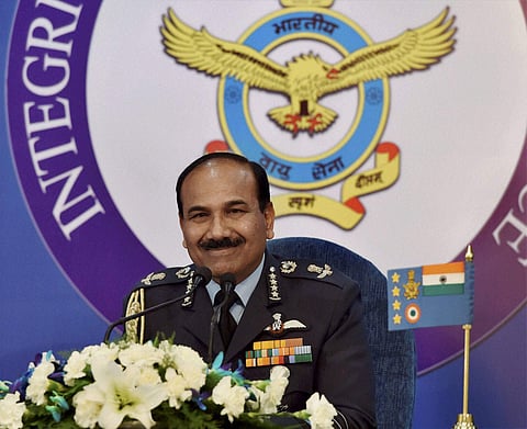 Air Chief Marshal Arup Raha addressing a press conferece at Akash Officer's Mess in New Delhi on Wednesday. | PTI