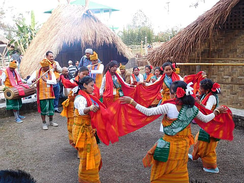 Kachari teens dance Bagurumba traditional dance at their morung (teenager village dormitory) at Kisama village near Kohima in Nagaland on Saturday. (EPS | Aishik Chanda)