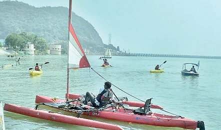 The newly-inaugurated watersports boats at Punnami Ghat on the banks of River Krishna in Vijayawada on Wednesday | EXPRESS