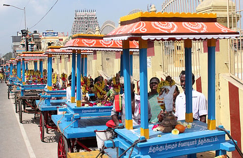 The idols of 63 Nayanmar, the saivite saint poets being taken as a procession in Kumbakonam on Tuesday on account of Mahamaham festival. |  Express Photo
