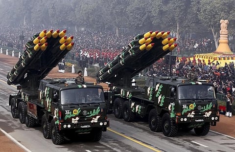 Indian army officers stand on vehicles displaying missiles during the Republic Day parade in New Delhi, India, January 26, 2016. | Reuters