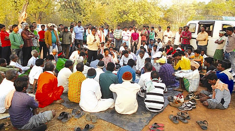 Tribal leaders and community heads at the meeting against Minister of State for ST and SC Development (Tribal Welfare) Sudam Marndi. | EPS