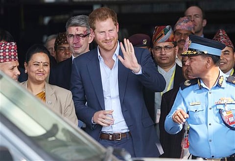 British Prince Harry arrives in Tribhuwan International Airport in Kathmandu, Nepal, Saturday, March 19, 2016. When Britain's Prince Harry visits Nepal this weekend, ordinary people hope his tour of earthquake-hit areas will draw attention to the country