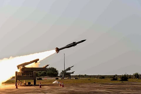 Surface-to-air missile Akash being test fired from ITR off the Odisha coast.