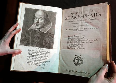 A portrait of William Shakespeare is seen in the Third Folio, in London. William Shakespeare died 400 years ago Saturday, April 23, an anniversary marked across the "sceptered isle" and across the pond. And sports, like much else, is in Shakespeare's d