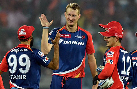 Delhi Daredevils bowler Chris Morris celebrate with team mates after taking wicket of Gujarat Lions batsman B MacCullum during an IPL T20 match between Delhi Daredevils v Gujarat Lions. (File|PTI)