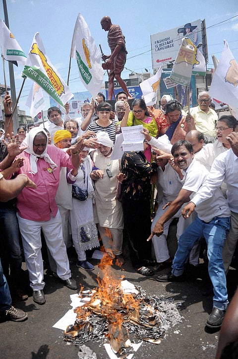 Members of Vidarbha Rajya Andolan Samiti burn an effigy during a protest for separate Vidarbha State, on the occasion of Maharashtra Day in Nagpur on Sunday. PTI Photo