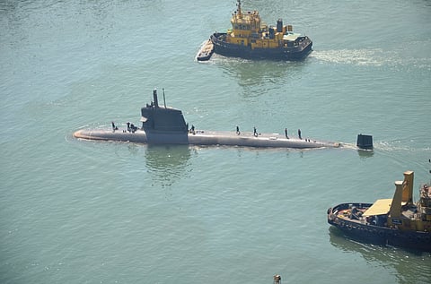 ‘Kalvari’, the first of the Scorpene class submarines, being built at the Mazagon Dock Shipbuilders Ltd Mumbai (MDL), went to sea for the first time today. This marks the commencement of sea trials of the submarine. | IANS